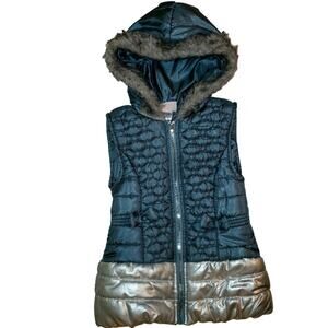 Girls Size 6X LITTLE LASS Girl's Teal Silver Quilted Puffer Faux Fur Hoodie Vest